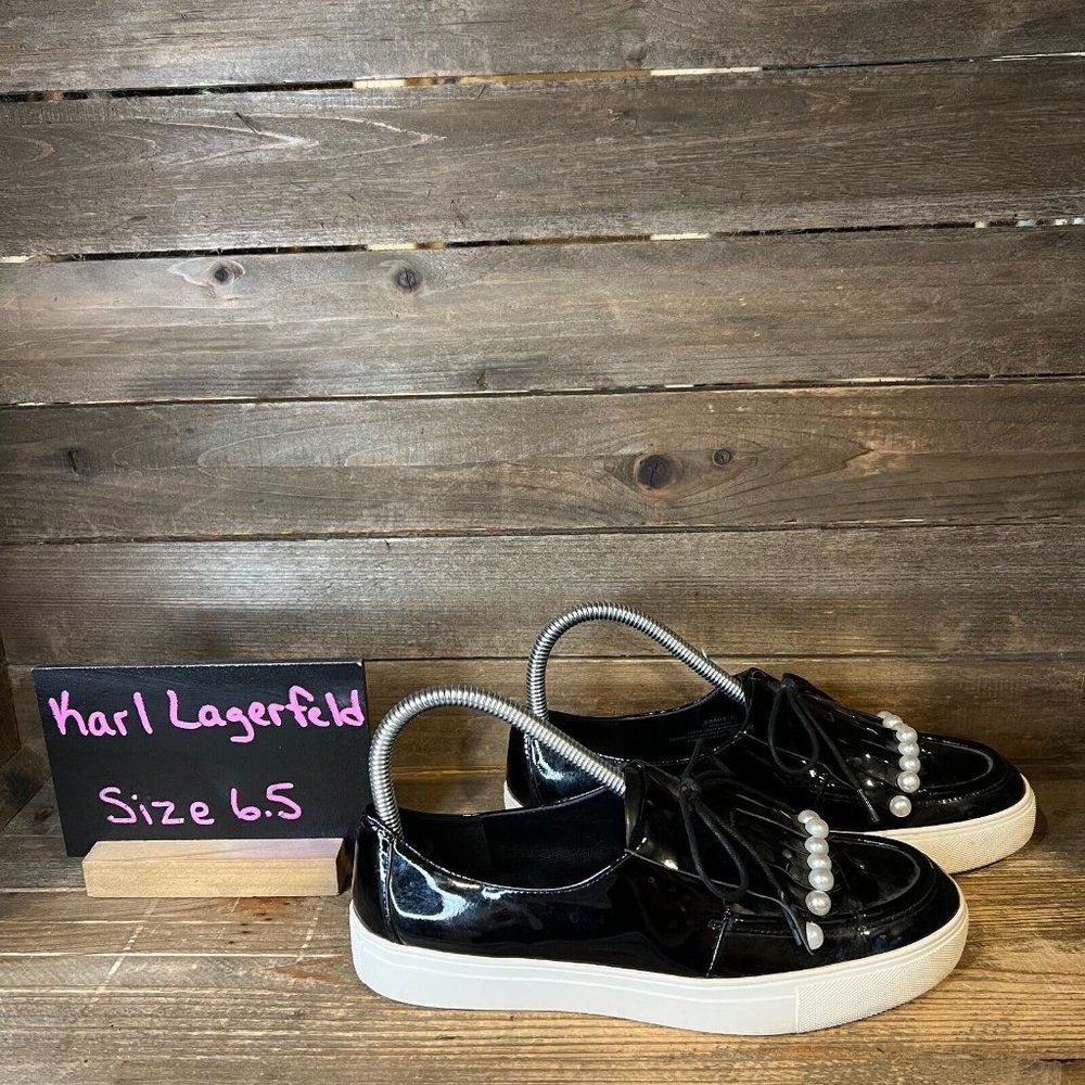 Womens Karl Lagerfield Black Patent‎ Leather Kilt Pearl Loafers Shoes Size 6.5 M